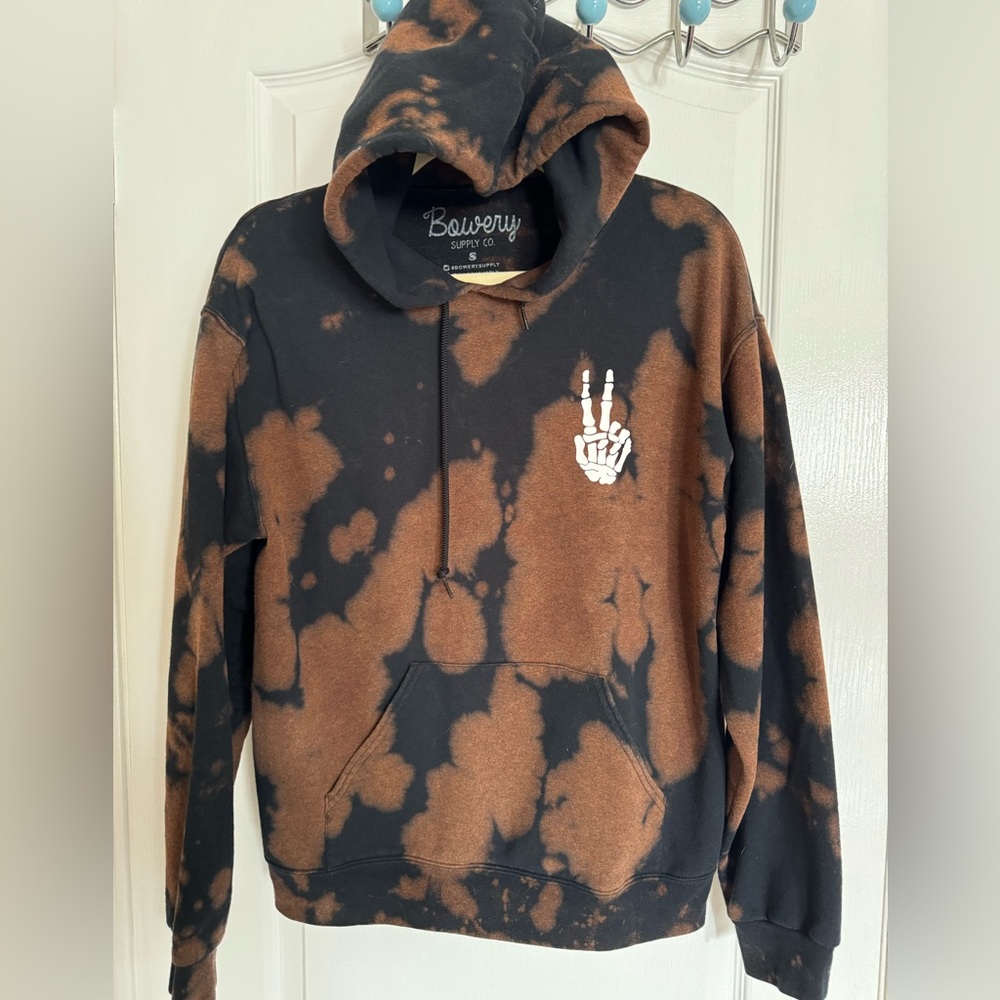 Bowery Supply Company Brown and Blue Tie Dyed Skeleton Peace Sign Hoodie SMALL